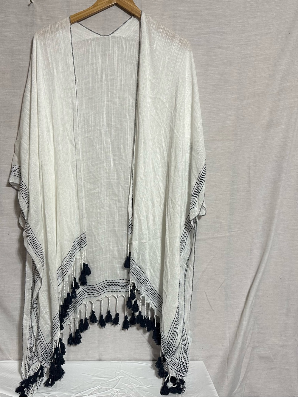 Boho White Navy Tassel Kimono Cover Up